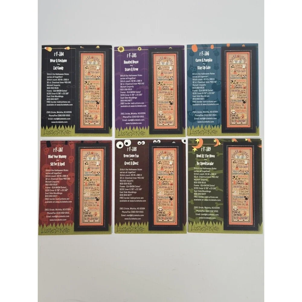 Lizzie Kate Halloween Rules F104-F109 Full Set 6 Charts & Buttons Patterns Lot 6